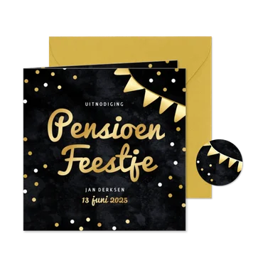 Zwarte uitnodiging pensioen feest met gouden vlaggetjes